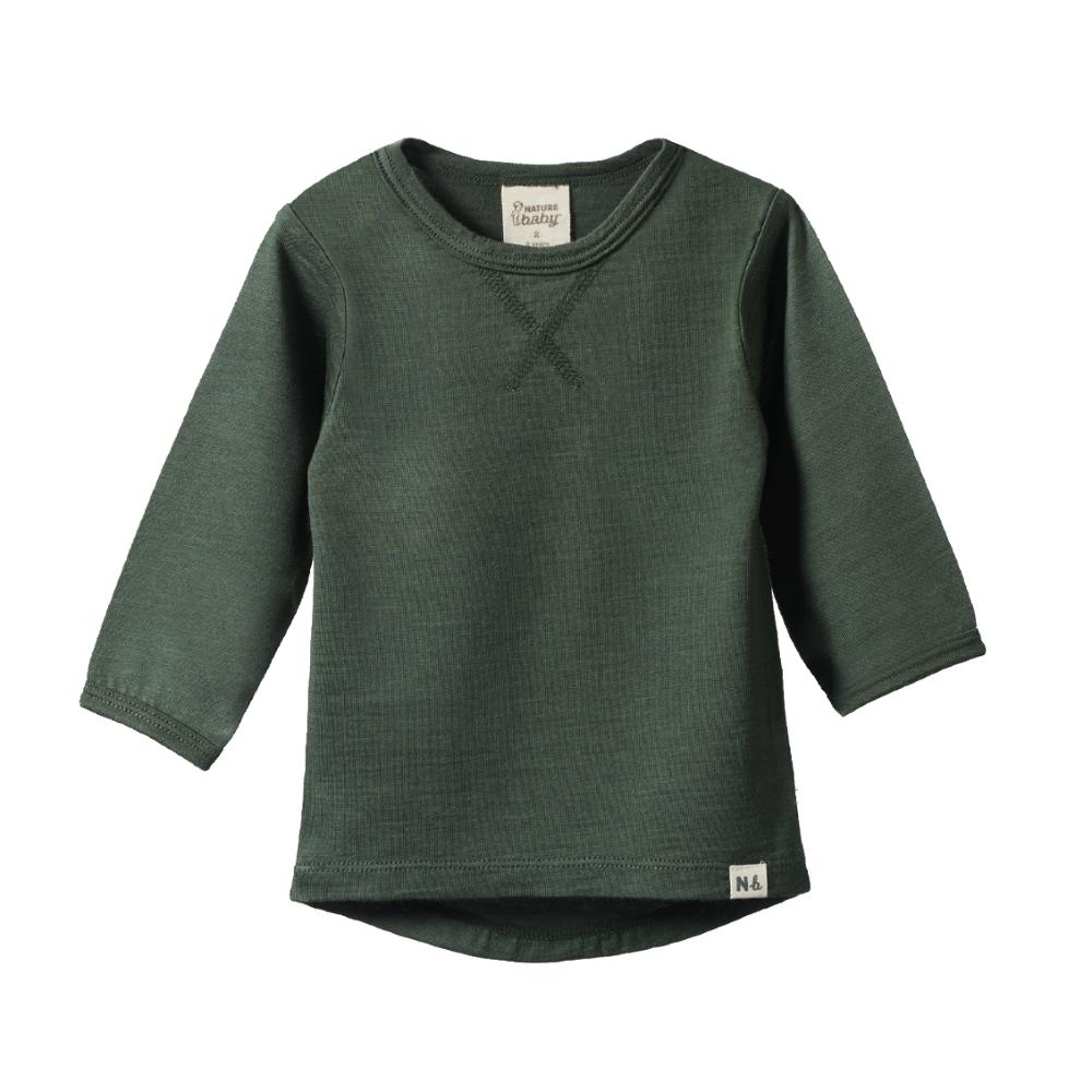 Close-up of a merino wool forest green long-sleeve shirt with envelope neck on a white background