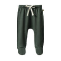 Dark green merino wool baby footed leggings with white drawstring on a white background