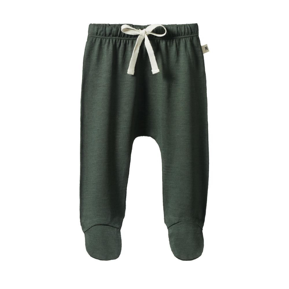 Dark green merino wool baby footed leggings with white drawstring on a white background