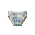 A pair of girls  briefs featuring a blue and white gingham checkered pattern, shown flat against a solid white background.