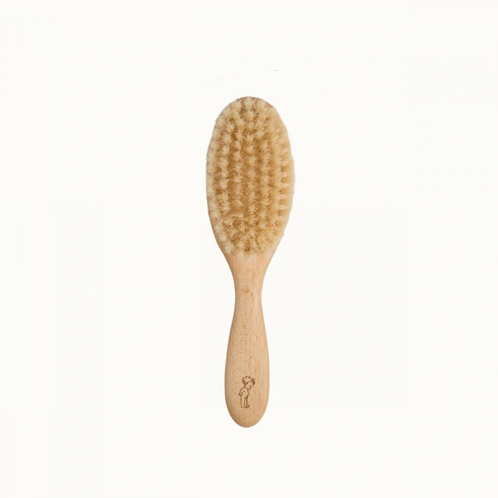 Beige wooden hairbrush with nylon bristles on a white background