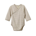 Brown and cream striped baby kimono bodysuit with long sleeves on a white background