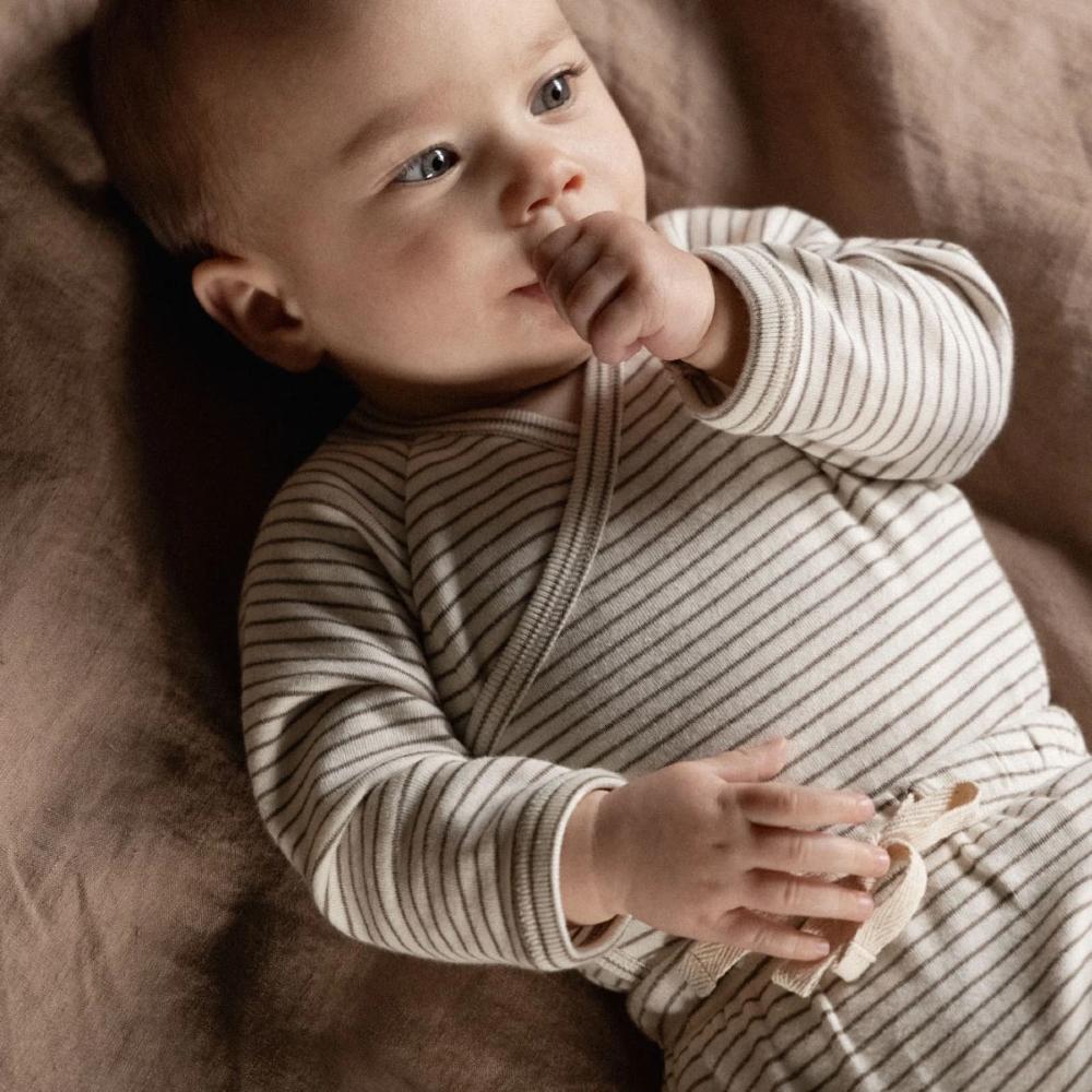 Cotton Long Sleeve Kimono Bodysuit - Mushroom Pinstripe