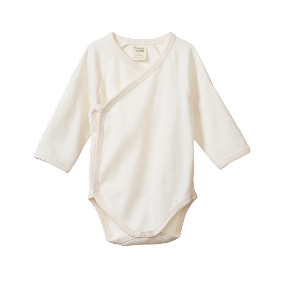 Cream organic cotton baby kimono style bodysuit with long sleeves on a white background