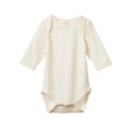 Cream coloured merino baby bodysuit with long sleeves and envelope neck on a white background