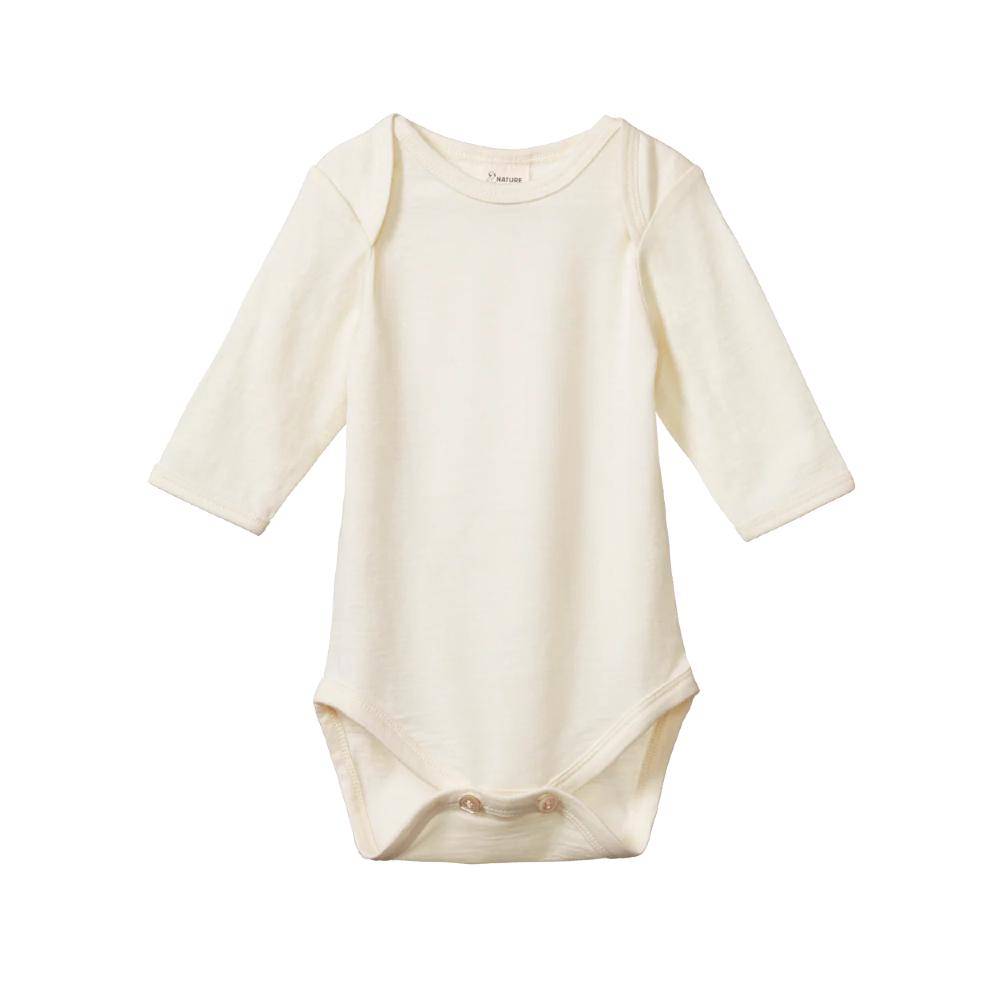 Cream coloured merino baby bodysuit with long sleeves and envelope neck on a white background