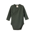 Dark green baby merino kimono pointelle bodysuit on a white background