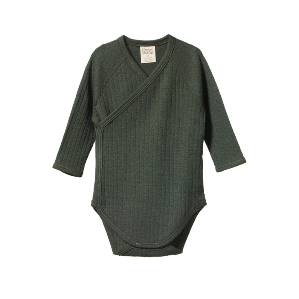 Dark green baby merino kimono pointelle bodysuit on a white background