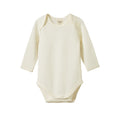 Cream merino pointelle baby bodysuit with long sleeves on a white background