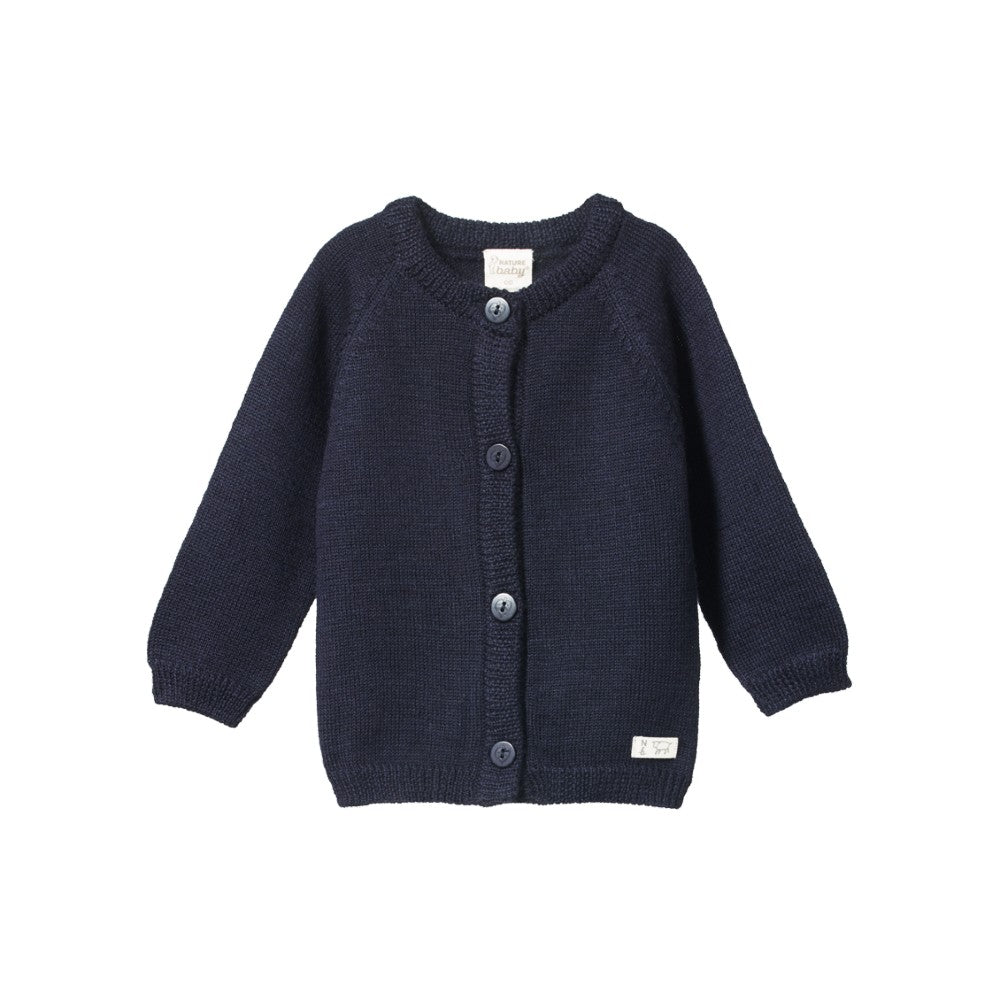 Navy blue merino knitted Nature Baby cardigan with buttons on a white background