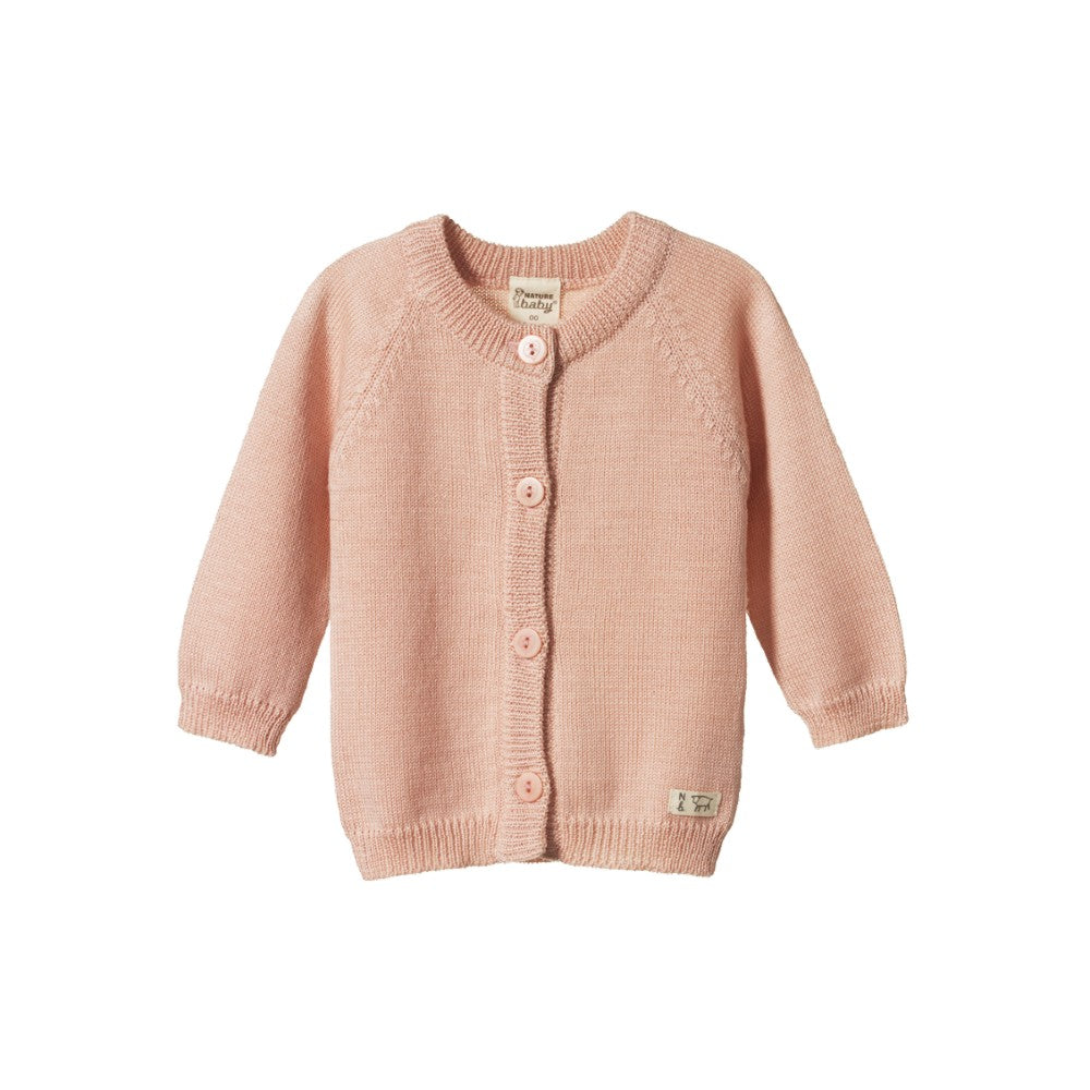 Pink merino knitted Nature Baby cardigan with buttons on a white background