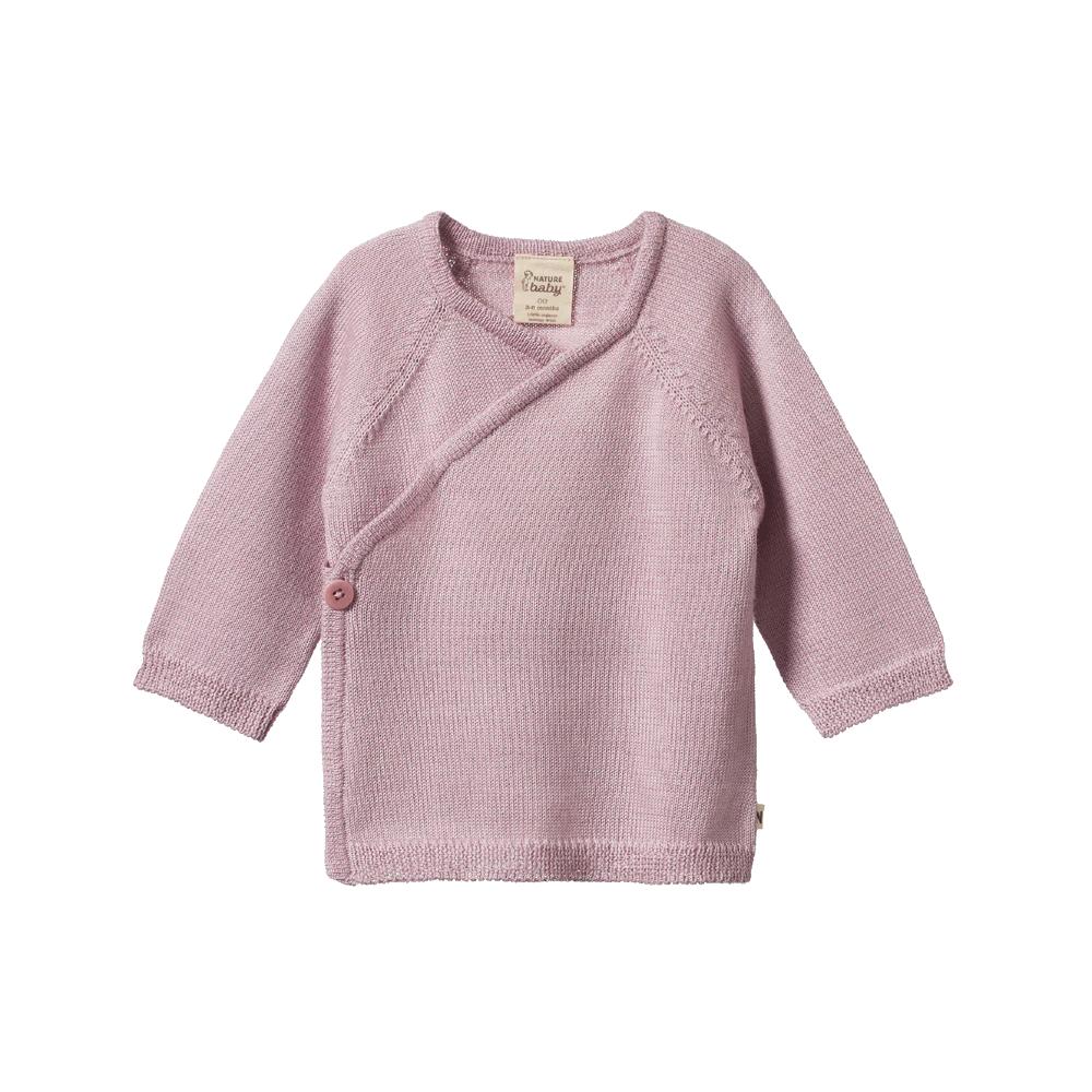 Lilac coloured baby kimono knitted cardigan on a white background