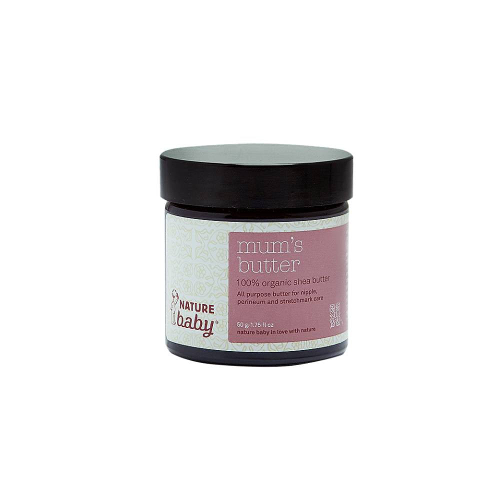 Black Jar of 'mum's butter' by Nature Baby with pink and white branded sticker on a white background