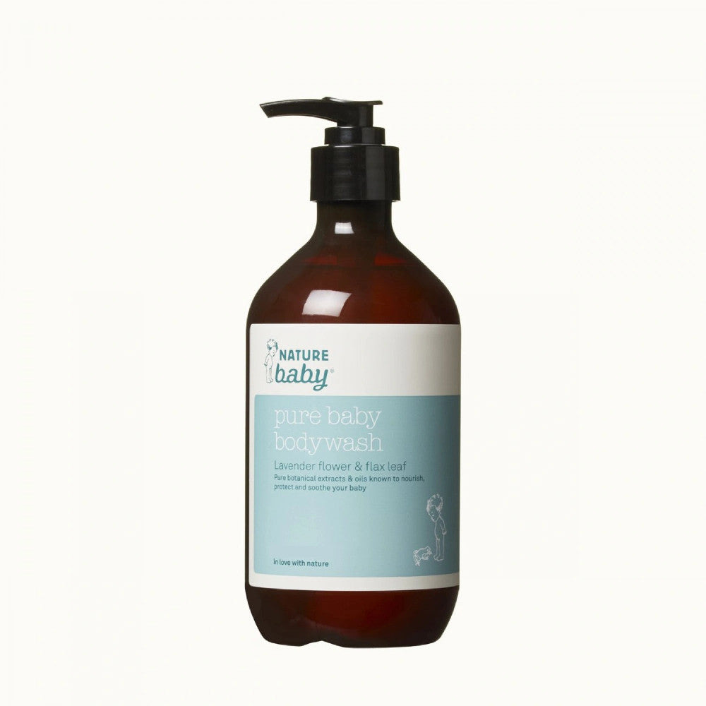 Bottle of Nature Baby pure bodywash with blue and white sticker on a white background