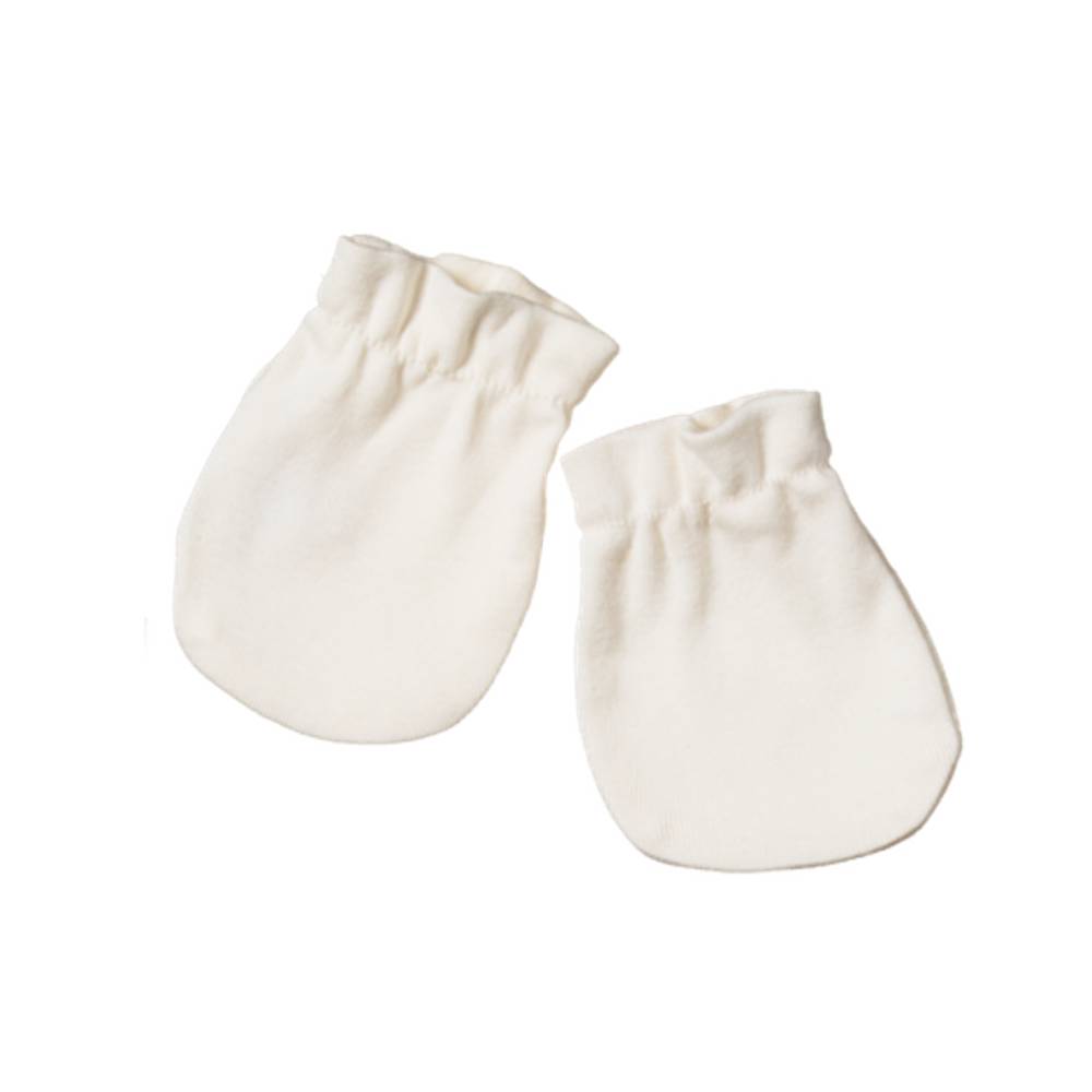 Pair of white cotton baby mittens on a white background