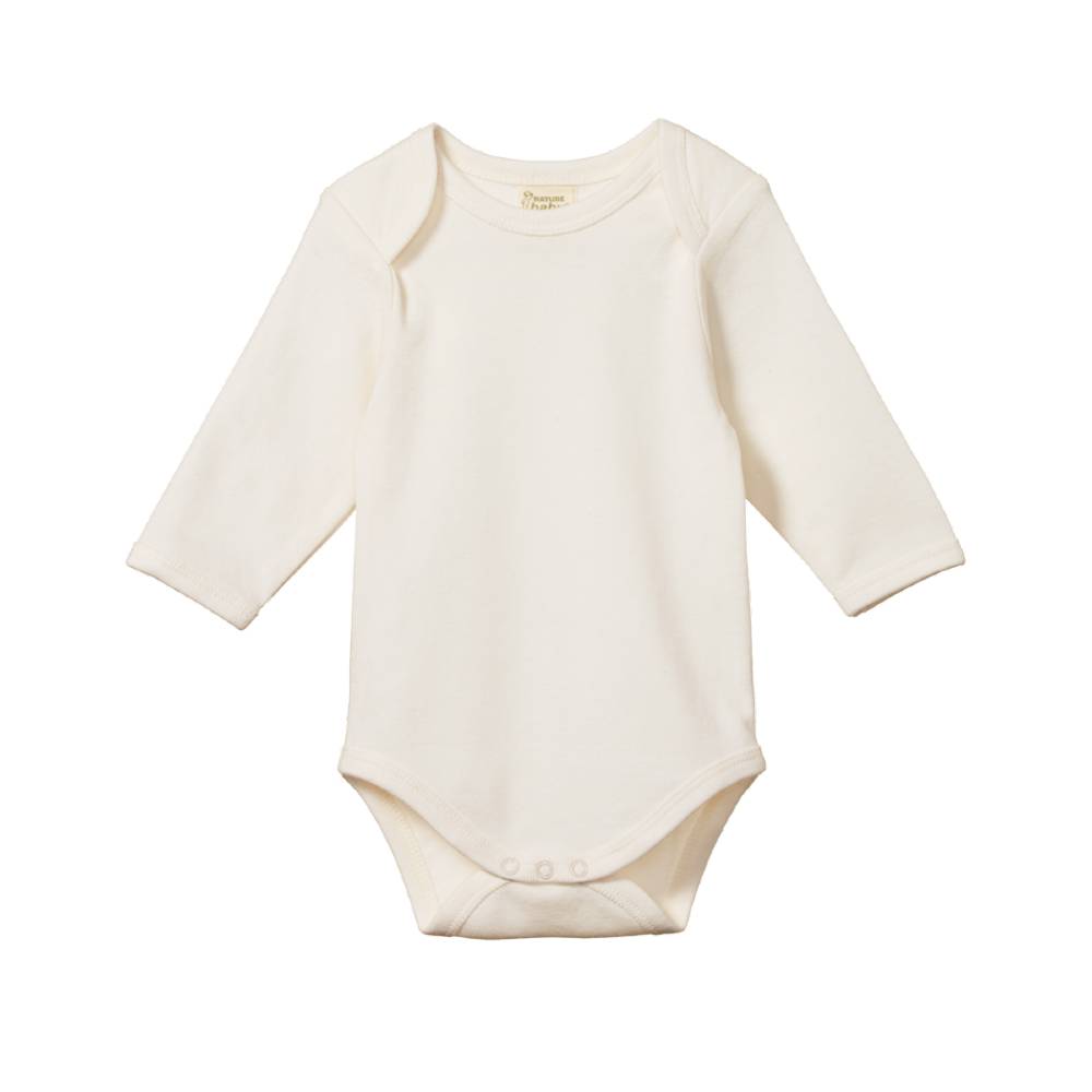 Cream coloured cotton baby bodysuit with long sleeves and envelope neck on a white background