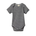 navy and cream cotton baby bodysuit with short sleeves and envelope neck on a white background
 