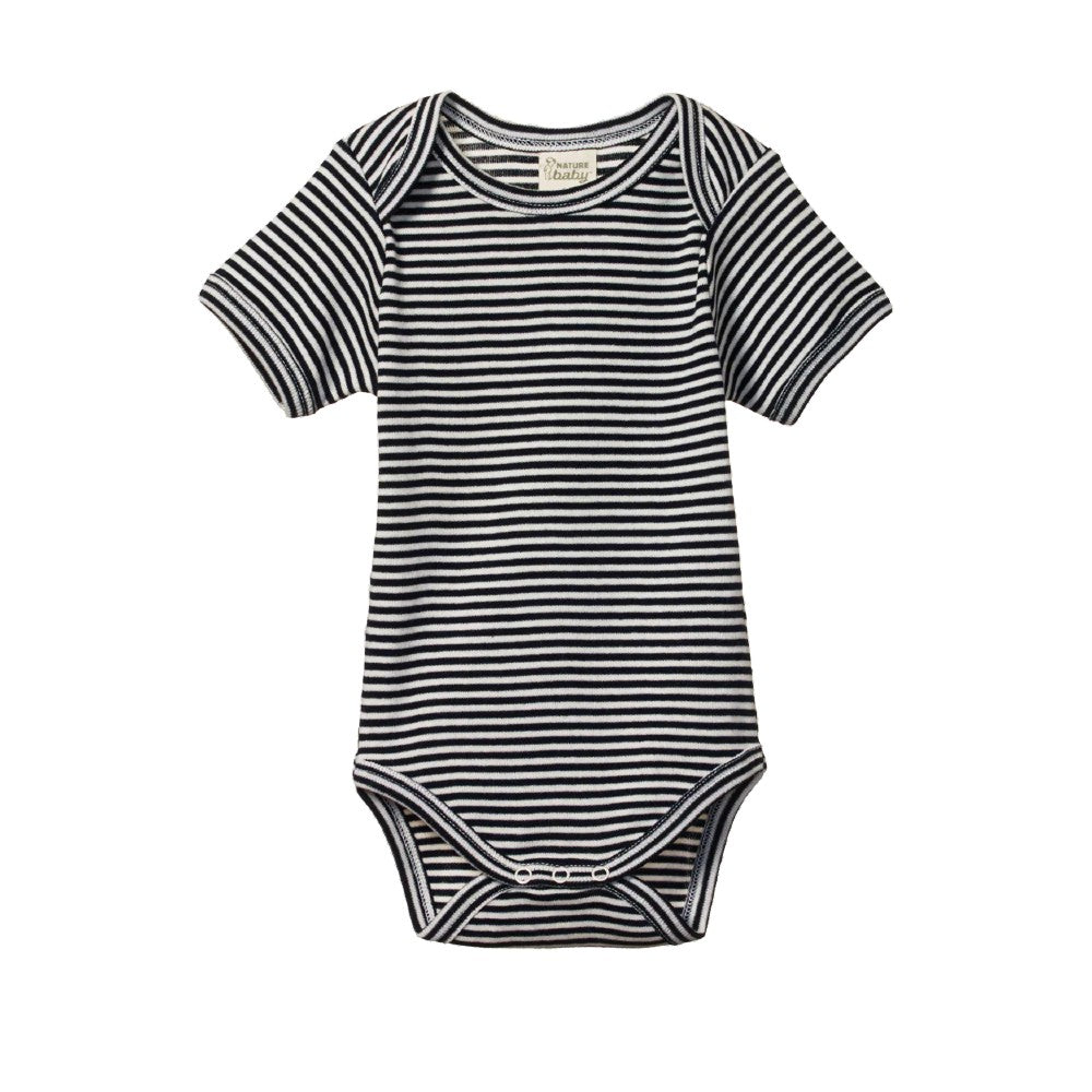 navy and cream cotton baby bodysuit with short sleeves and envelope neck on a white background
 