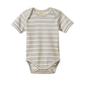 A short-sleeve baby bodysuit with thin horizontal blue stripes on a cream-colored fabric, shown flat against a white background.