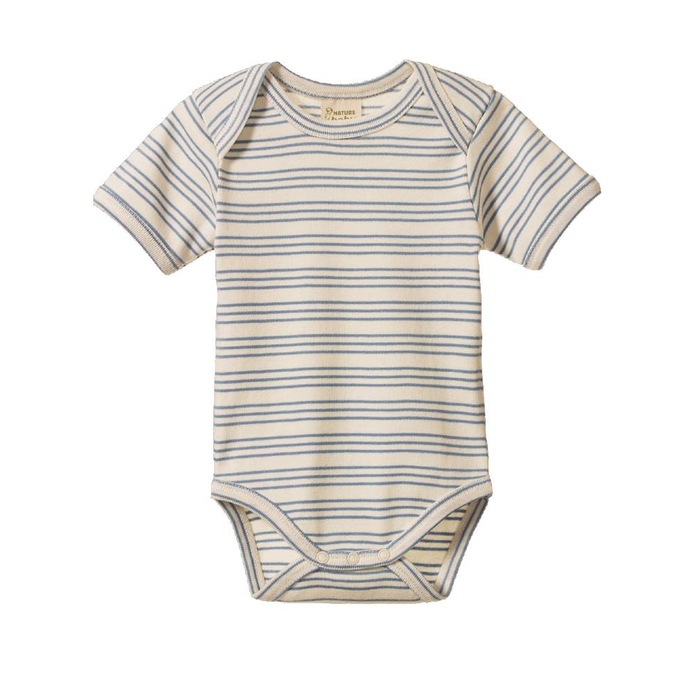 A short-sleeve baby bodysuit with thin horizontal blue stripes on a cream-colored fabric, shown flat against a white background.