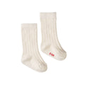 Pair of cream cotton rib socks with red  sizing printed on the feet on a white background