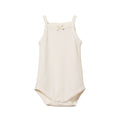 Cotton pointelle singlet bodysuit in a natural colour on a white background. 