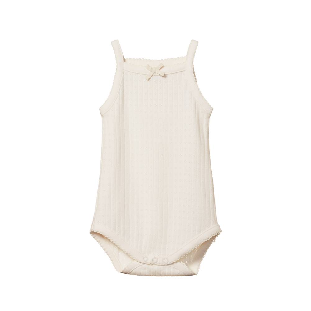 Cotton pointelle singlet bodysuit in a natural colour on a white background. 