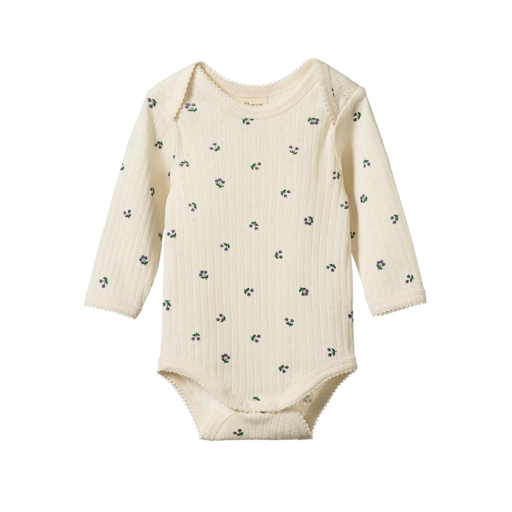 Cream pointelle cotton baby  longsleeve bodysuit with smallpurple berry patterns on a white background