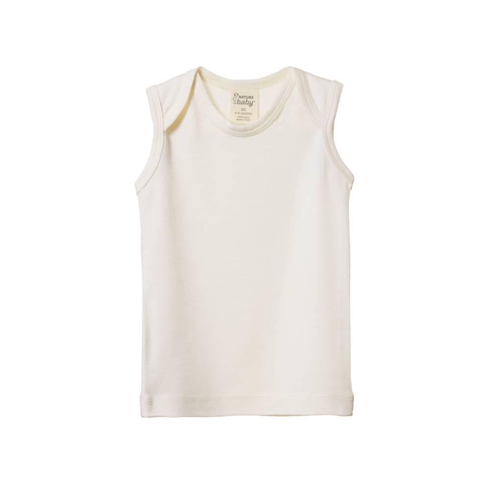 White tank top with envelope singlet a Nature Baby brand label on a white background