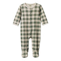 A baby footed onesie in a green and cream buffalo plaid pattern, featuring a snap-button front and long sleeves, shown against a plain white background.