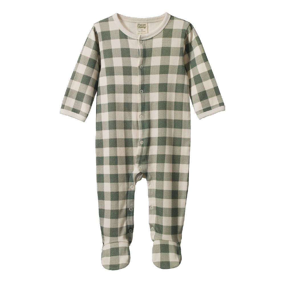A baby footed onesie in a green and cream buffalo plaid pattern, featuring a snap-button front and long sleeves, shown against a plain white background.