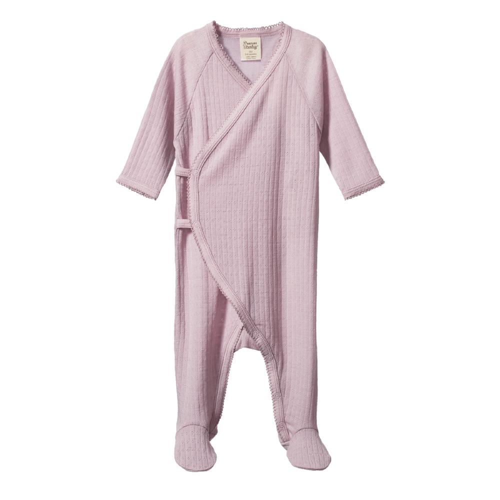 Purple merino pointelle kimono style baby stretch and grow on a white background