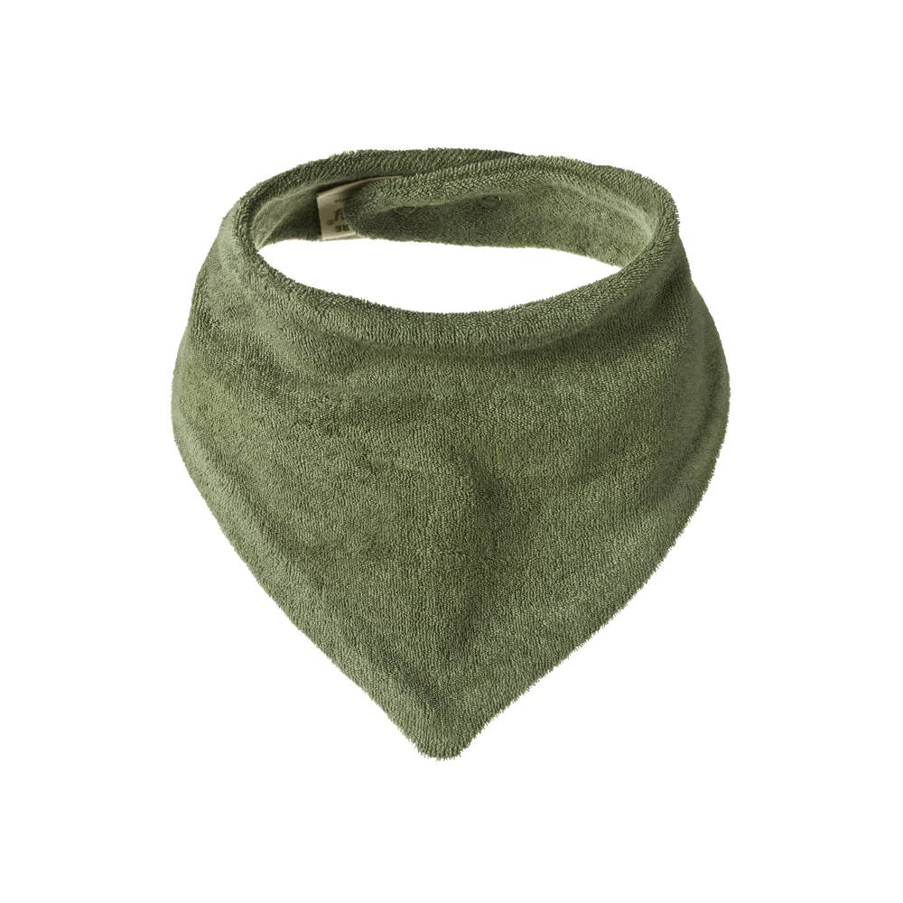 Green terry cotton bandana bib with snap closures on a white background