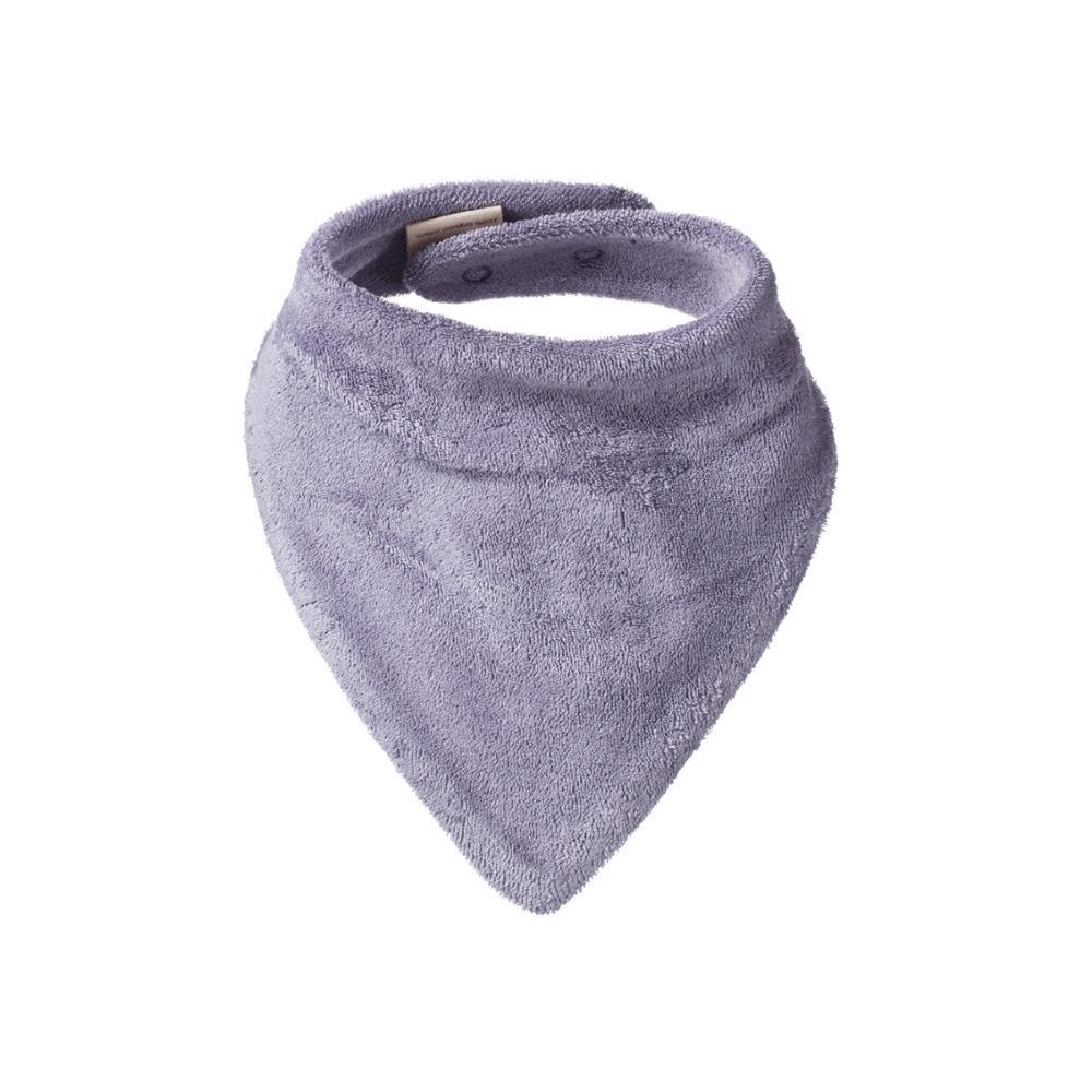 Purple cotton terry bandana bib with snap closure on a white background