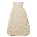 Beige baby merino cotton nature baby sleeveless sleeping bag with soft bunny pattern on a white background