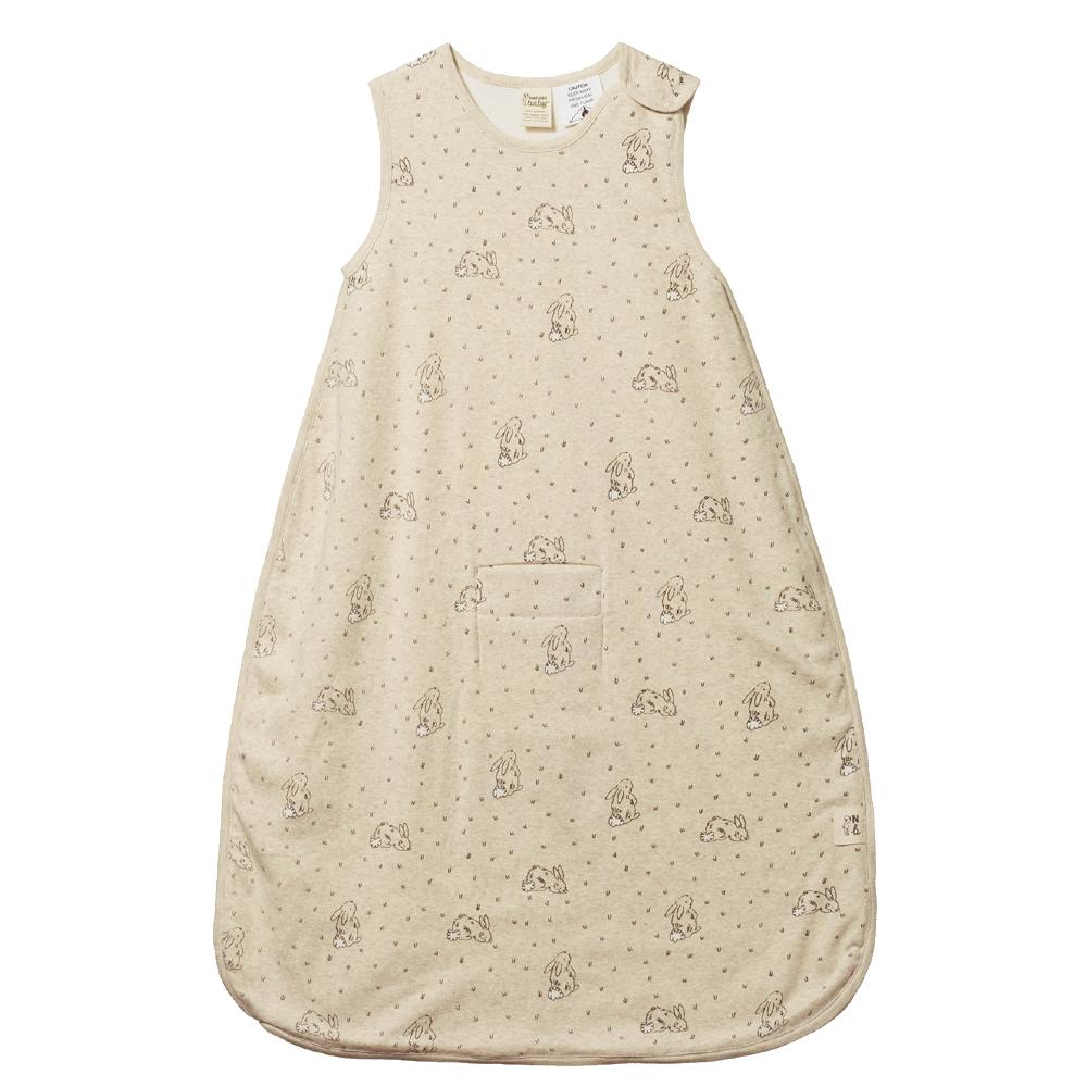 Beige baby merino cotton nature baby sleeveless sleeping bag with soft bunny pattern on a white background
