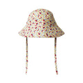 A bucket-style sun hat with a floral print, featuring adjustable chin straps, shown against a plain white background.