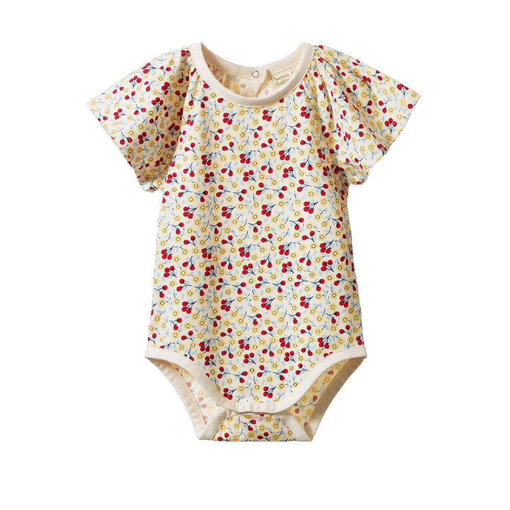 A baby short-sleeve bodysuit with a colorful floral print on a cream background, featuring a snap closure at the crotch.