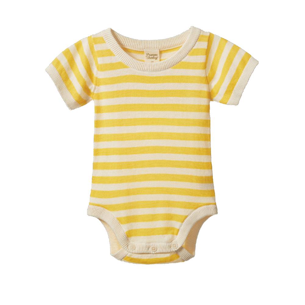 A baby short-sleeve bodysuit with horizontal yellow and cream stripes, featuring a ribbed crew neck, short sleeves, and leg openings, shown on a plain white background.