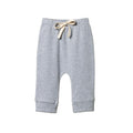 Grey nature baby cotton baby pants with a drawstring on a white background