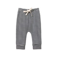 Navy and white striped nature baby cotton baby pants with a drawstring on a white background