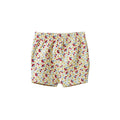 A pair of children's shorts with an elastic waistband, featuring a dense floral print on a pale background.
