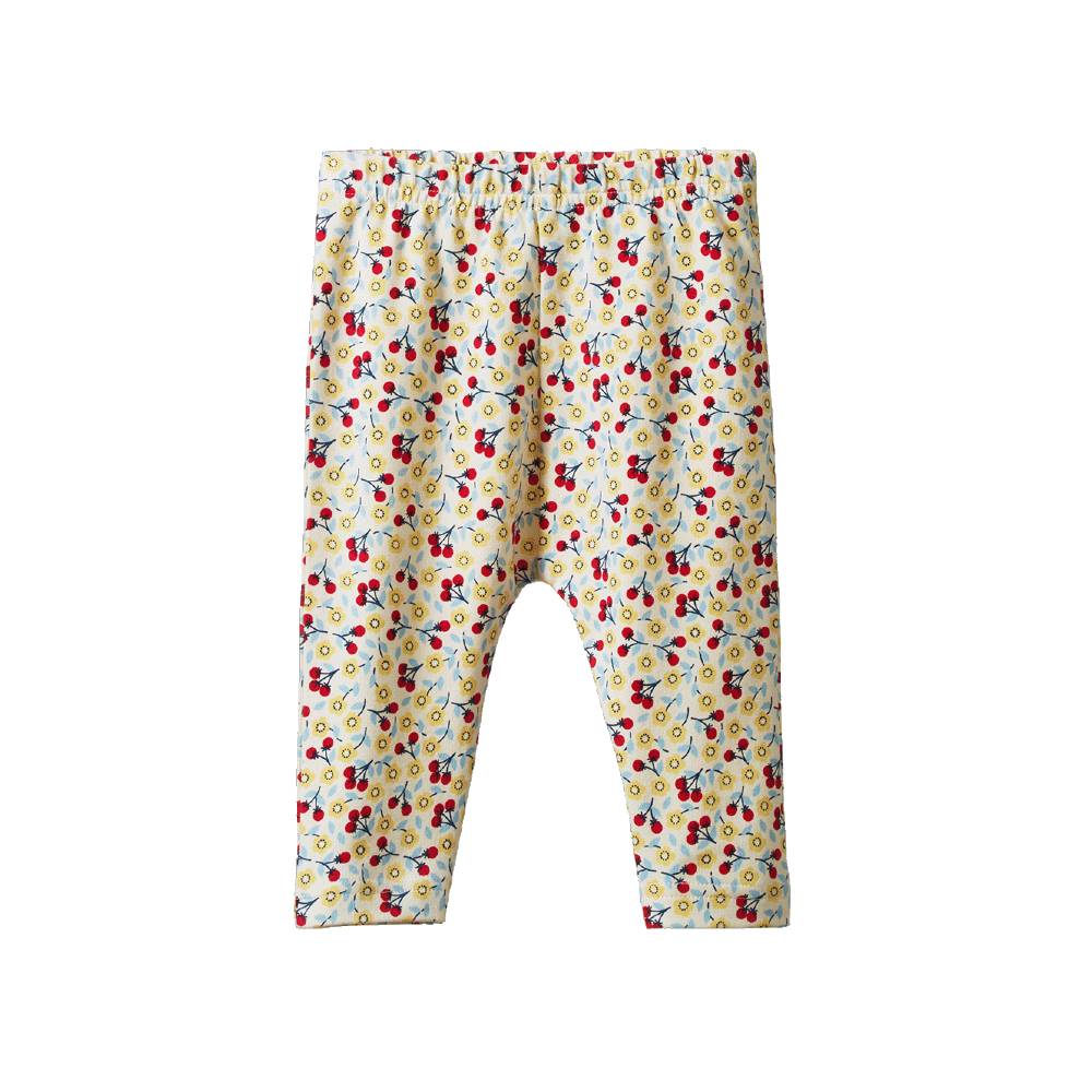 A pair of baby leggings with an elastic waistband, featuring a colorful floral pattern on a cream background.
