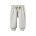 Cotton grey baby trackpants with a drawstring on a white background
