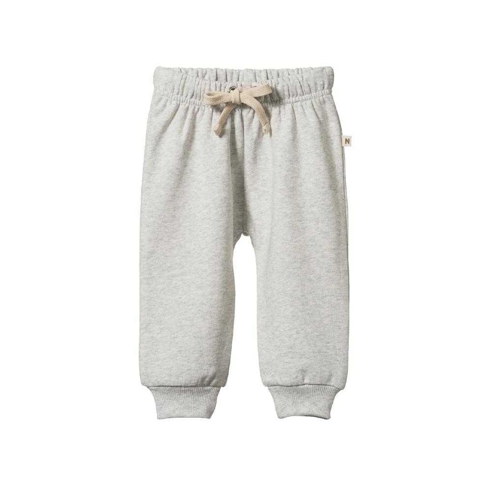 Cotton grey baby trackpants with a drawstring on a white background