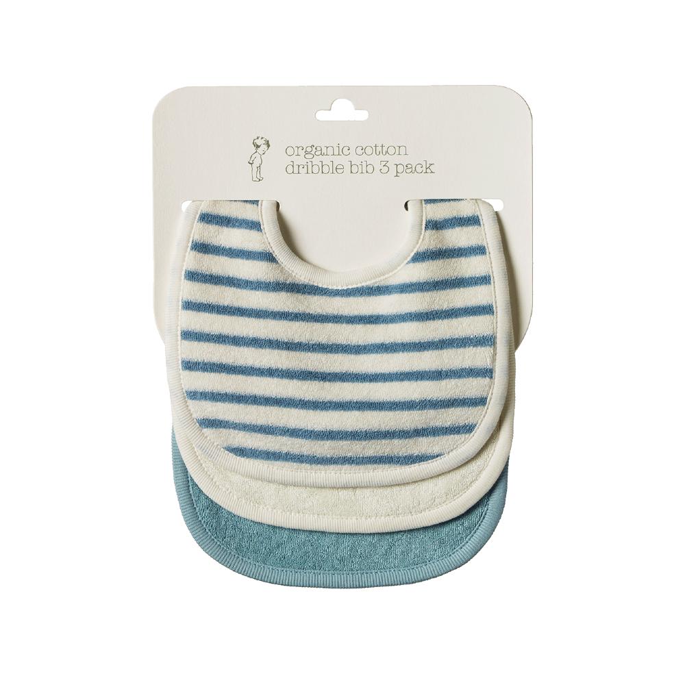 Three organic cotton baby bibs in blue and white stripes, cream and blue on a nature baby branded packaging card.