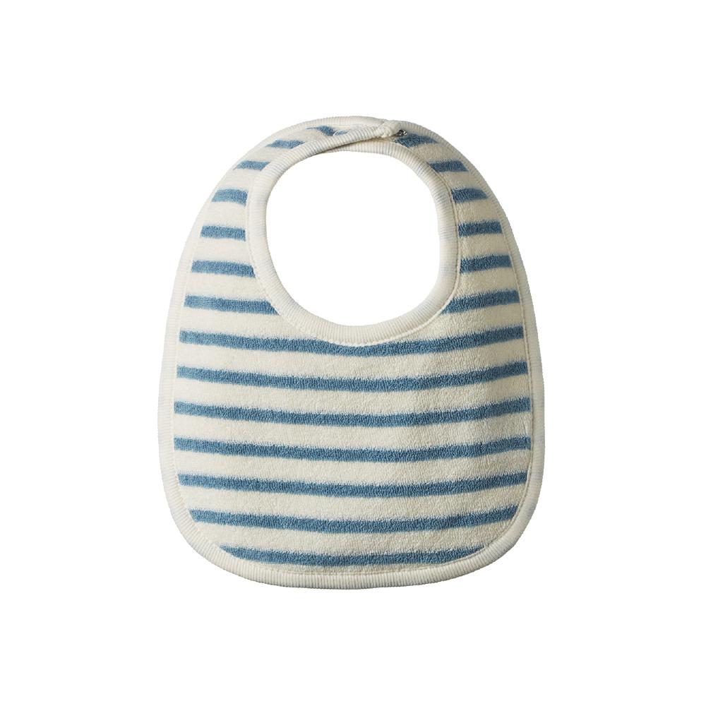 Blue and white Striped towelling cotton baby bib on a white background