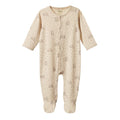 Beige Baby onesie with a brown rabbit pattern on a white background