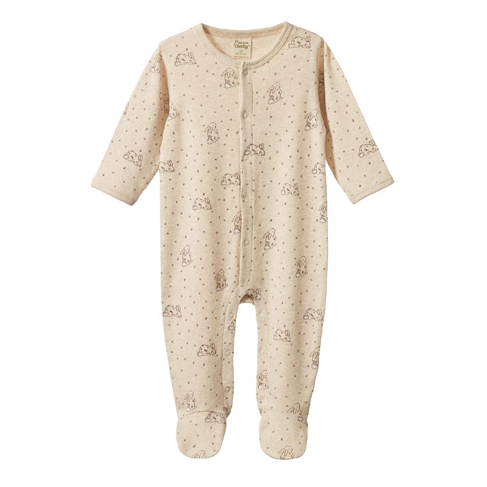 Beige Baby onesie with a brown rabbit pattern on a white background