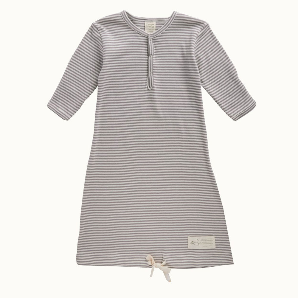 Grey and cream striped organic cotton baby gown with long sleeves and drawstring on a white background